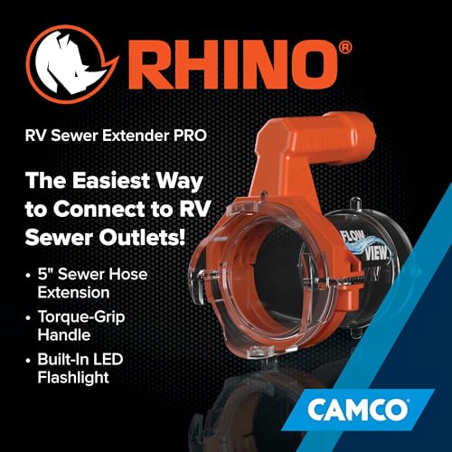 Camco Rhino RV Sewer Hose Extender PRO – 5″ Sewer Hose Extension — Torque-Grip Handle with Built-in LED Flashlight — The Easiest Way to Connect Your RV Sewer Hose (39570)|B0DZ73J2DZ