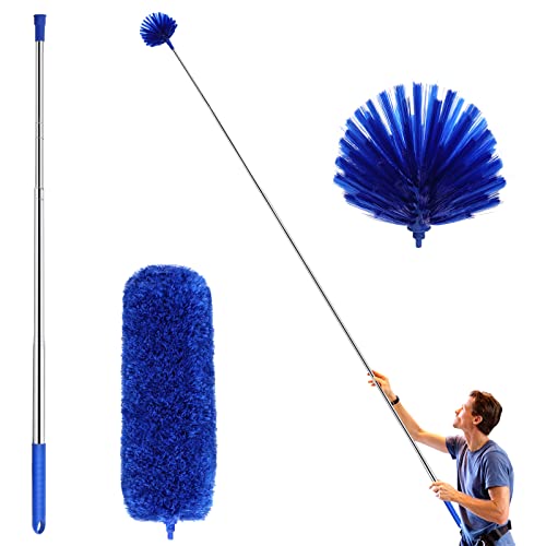 Cobweb Duster with Extension Pole, Washable Cleaning Duster Kit with 2 Duster Heads, Cobweb Duster, Corner Brush, 15-100 Inch Long Aluminum Telescoping Pole for Ceiling Fan (Blue)|B08SW8LFJQ