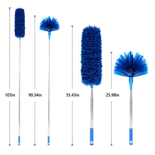 Cobweb Duster with Extension Pole, Washable Cleaning Duster Kit with 2 Duster Heads, Cobweb Duster, Corner Brush, 15-100 Inch Long Aluminum Telescoping Pole for Ceiling Fan (Blue)|B08SW8LFJQ