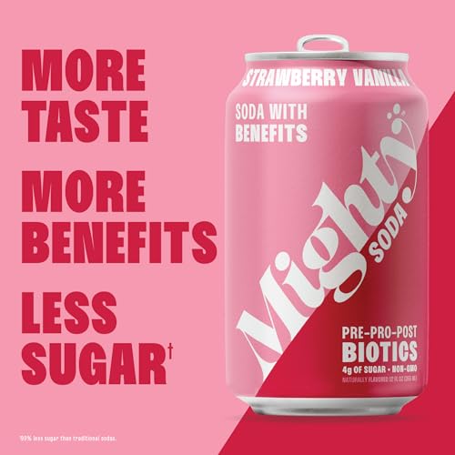 LAST UNITS OF MIGHTY SODA Strawberry Vanilla, Prebiotics, Probiotics & Postbiotics, Functional Soft Drink with More Gut Health Benefits, Non-GMO, Vegan, Gluten-Free, and Kosher, Low Sugar (12 Fl Oz, 4 pack )|B0DSLVQQRB