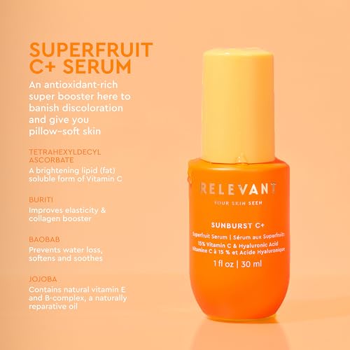Relevant Sunburst C Plus Superfruit Face Serum - Vitamin C Serum with Jojoba Oil for Wrinkles - Cruelty Free Face Moisturizer - Vegan Skincare - 1 oz|B0CX98GCD7