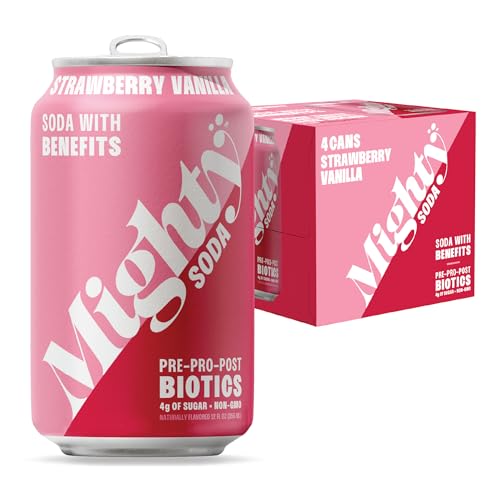 LAST UNITS OF MIGHTY SODA Strawberry Vanilla, Prebiotics, Probiotics & Postbiotics, Functional Soft Drink with More Gut Health Benefits, Non-GMO, Vegan, Gluten-Free, and Kosher, Low Sugar (12 Fl Oz, 4 pack )|B0DSLVQQRB