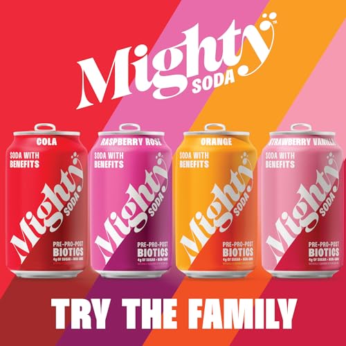 LAST UNITS OF MIGHTY SODA Strawberry Vanilla, Prebiotics, Probiotics & Postbiotics, Functional Soft Drink with More Gut Health Benefits, Non-GMO, Vegan, Gluten-Free, and Kosher, Low Sugar (12 Fl Oz, 4 pack )|B0DSLVQQRB