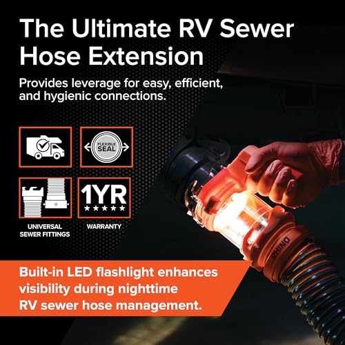 Camco Rhino RV Sewer Hose Extender PRO – 5″ Sewer Hose Extension — Torque-Grip Handle with Built-in LED Flashlight — The Easiest Way to Connect Your RV Sewer Hose (39570)|B0DZ73J2DZ
