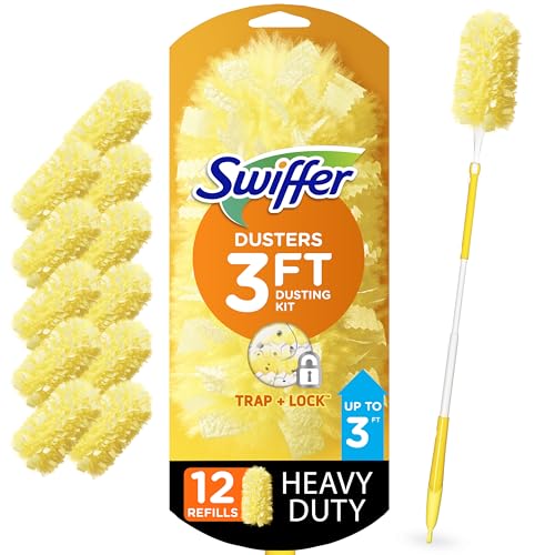 Swiffer Duster Heavy Duty Dusting Kit, Cleaning Supplies, 3 ft Extended Handle, 1 Duster, 12 Refills|B07DBCDCTX
