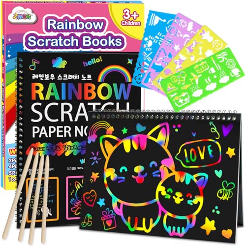 ZMLM Scratch Paper Art-Crafts Gift: 2 Pack Rainbow Notebooks Supplies Toys Easter Basket Stuffers for 3 4 5 6 7 8 9 10 Years Old Girls and Boys Kids Birthday Party Games (Pink)|B08HMHWXWG