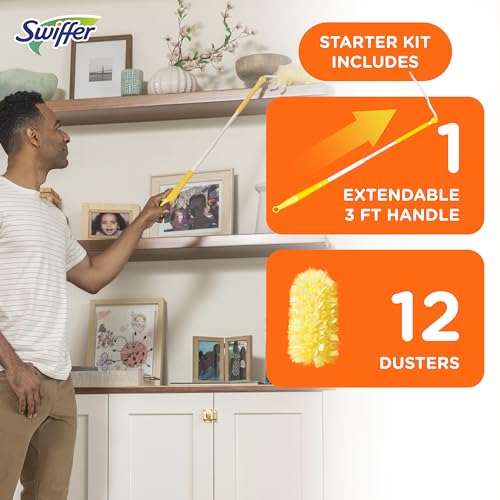 Swiffer Duster Heavy Duty Dusting Kit, Cleaning Supplies, 3 ft Extended Handle, 1 Duster, 12 Refills|B07DBCDCTX