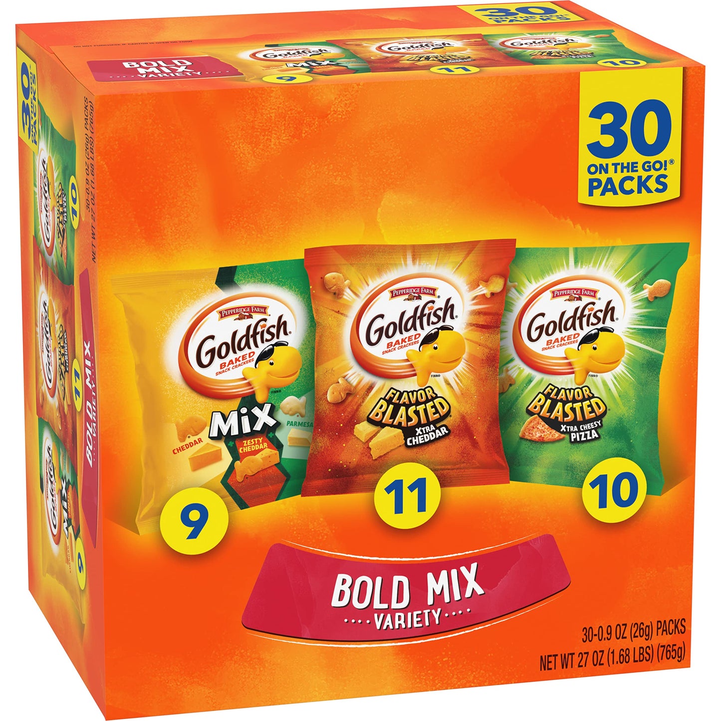 Goldfish Bold Mix Variety Pack Snack Crackers, 1 oz Snack Packs, 30 Ct Box