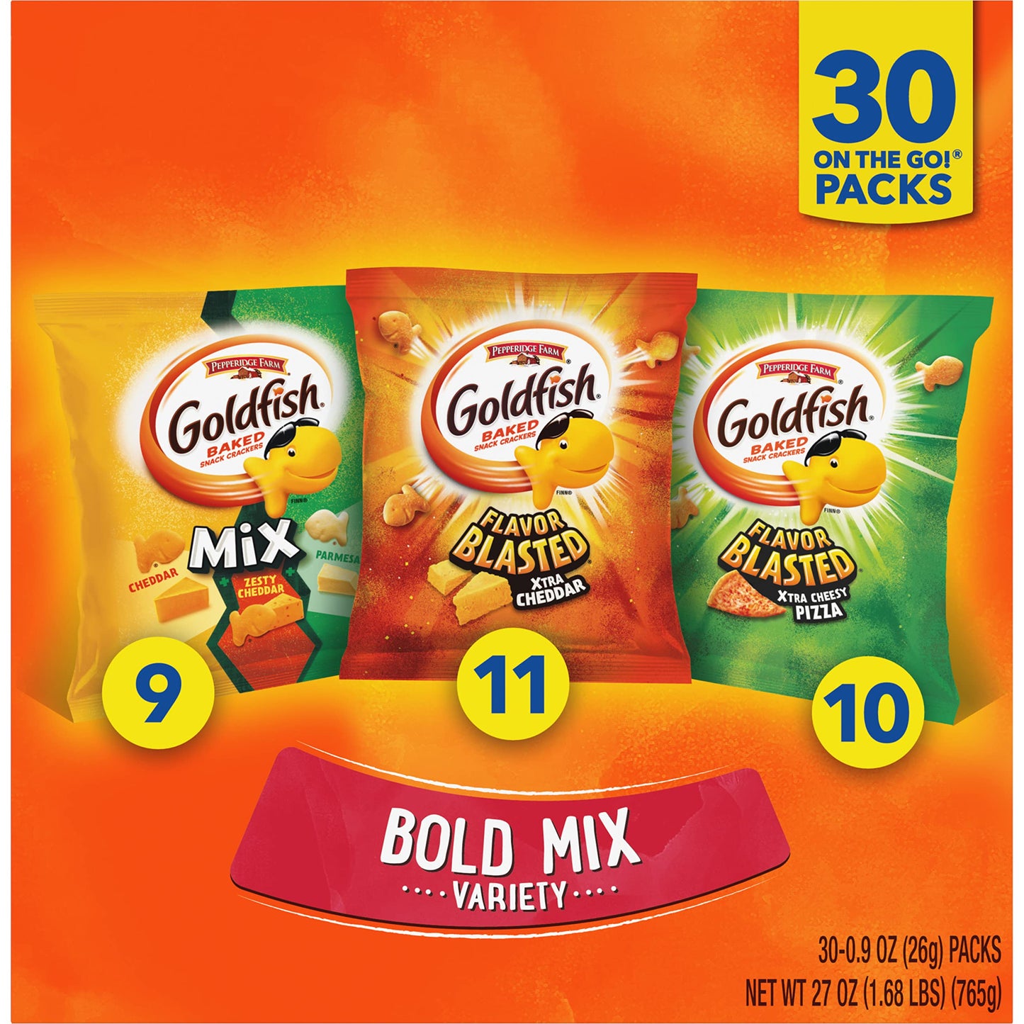 Goldfish Bold Mix Variety Pack Snack Crackers, 1 oz Snack Packs, 30 Ct Box